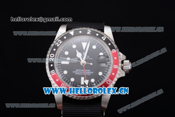 Rolex GMT-Master Asia 2813 Automatic Steel Case with Black Dial Black Nylon Strap and Dot Markers - Click Image to Close